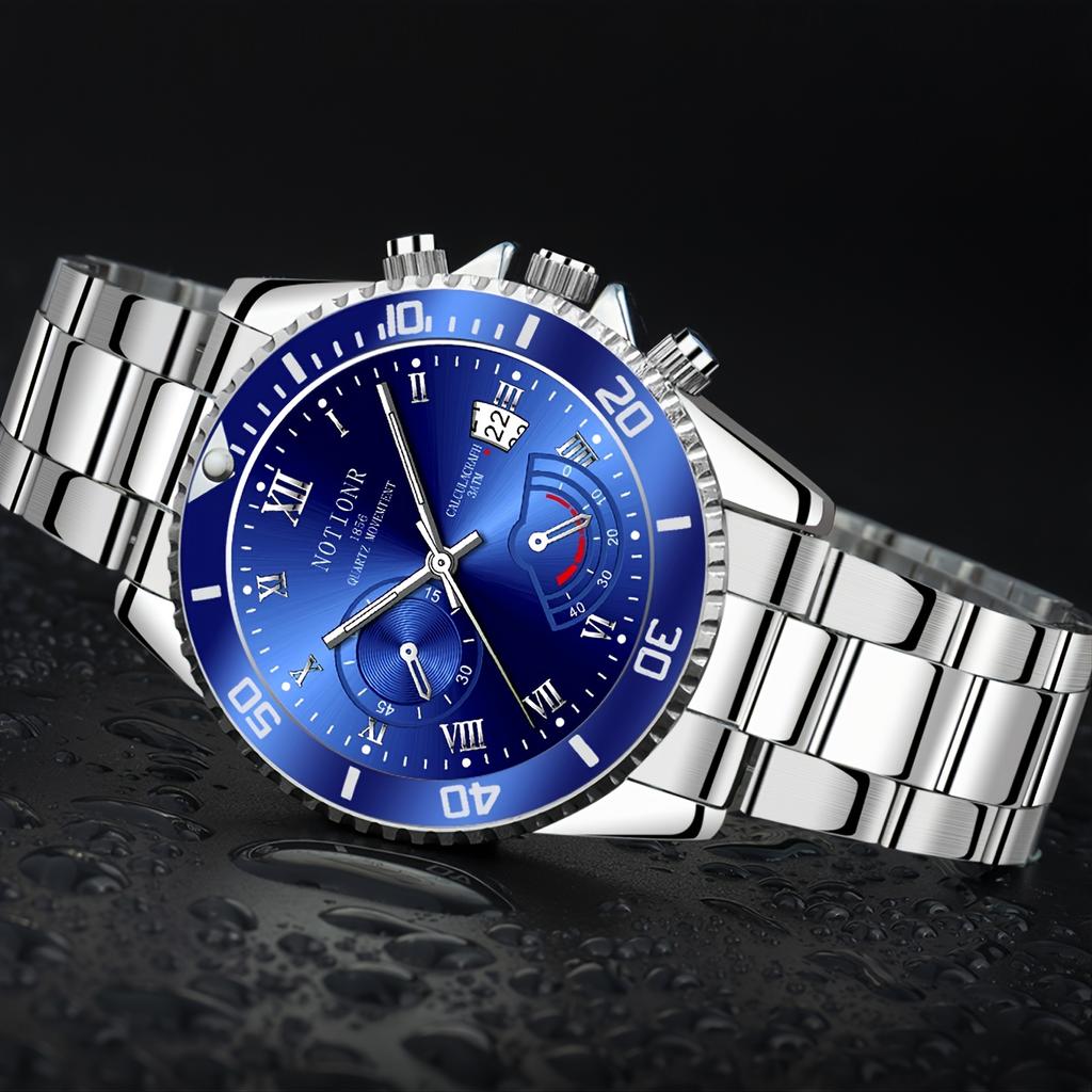 Elegante Herren-Business-Casual-Uhr mit Datumsanzeige Luxuriöses Quarz-Legierungsarmband und Legierungsgehäuse Rotes Zifferblatt mit weißen Nähten