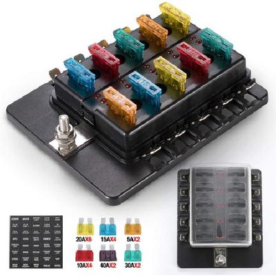 10-Way Fuse Box Blade Fuse Block Holder with LED 1Pcs 10-Way Blade Fuse Box