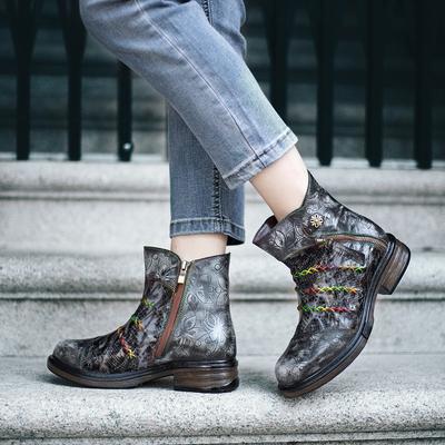 Women Boots Genuine Leather Mixed Colors Autumn Winter Zip Round Toe Retro Handmade
