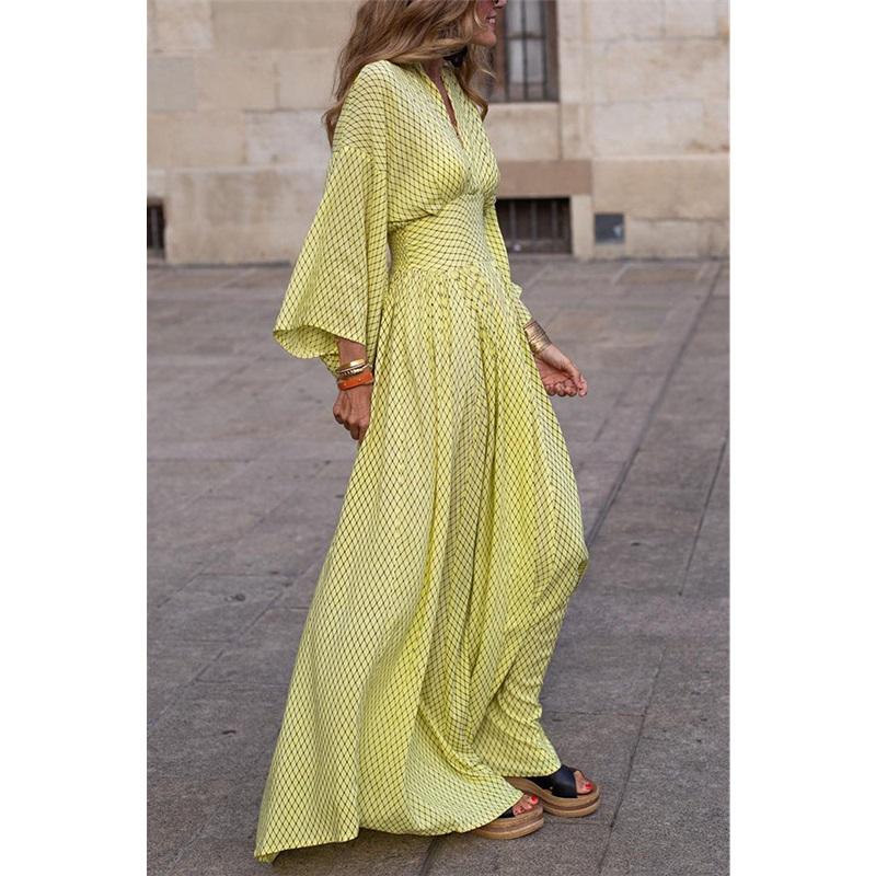 European And American Summer And Autumn Long Sleeved Loose V Neck Waist Large Swing Casual Dress Women