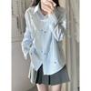 Women's Summer 2026 Bow Print Long Sleeve Light Blue Striped Sun Protection Shirt