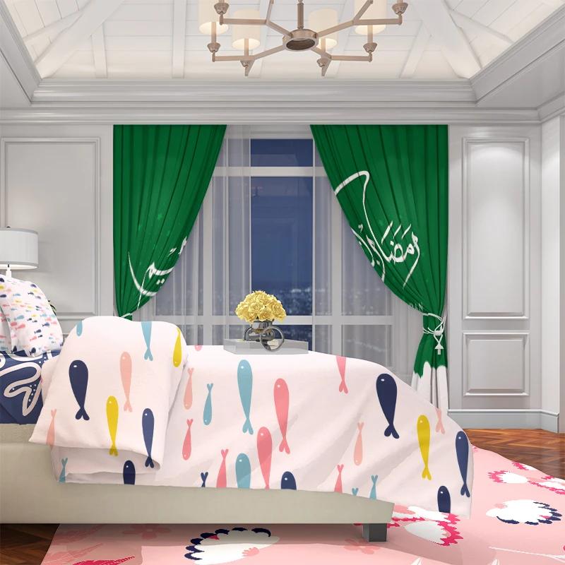 2PCS Muslim Ramadan auspicious Ramadan green printed curtain polyester material suitable for bedroom living room