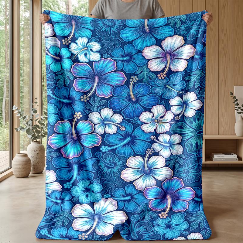Blue Hibiscus Pattern Blanket Personalized Name Flannel Blanket Soft Cozy Plush Throw for Sofa Bed Lightweight Home Decor
