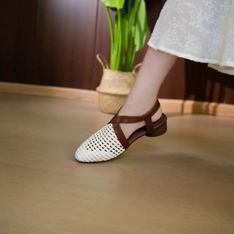 Round Toe Woven Block Heel Sandals Summer New Fashion Colorblock Cutout Breathable One Strap Non-Slip Kitten Heels
