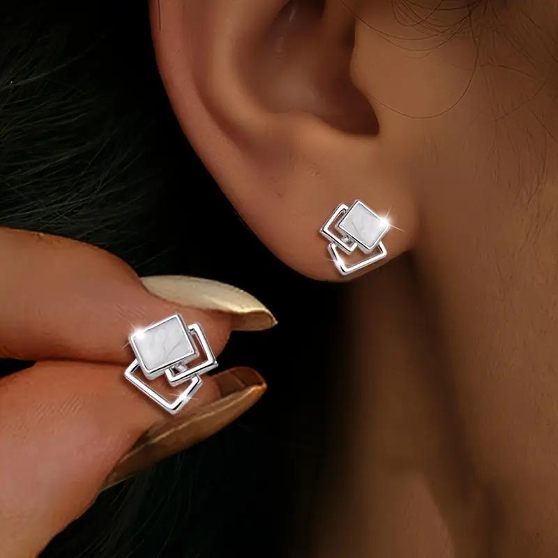 Boucles d'oreilles carrées géométriques argentées pour femmes Boucles d'oreilles hypoallergéniques élégantes Bijoux pour le quotidien Occasions blanc