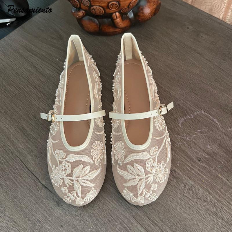 Breathable Mesh Embroidery Pearls Women Ballet Flats Spring Summer Comfort Soft Soles Mary Janes Girls Dance Shoes