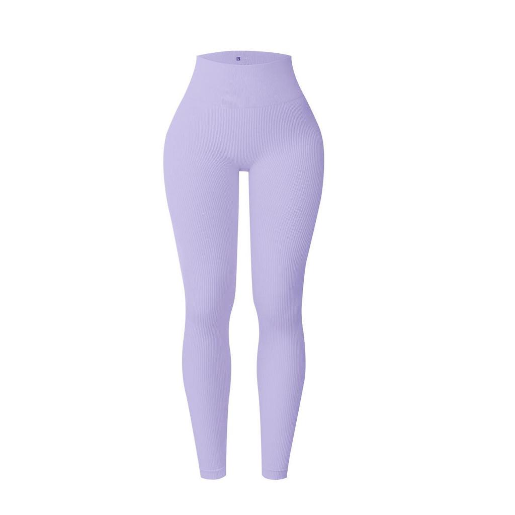 Women's European Style Seamless Ribbed High Waist Yoga Leggings - Peach Butt & Tummy Control Fitness Pants.