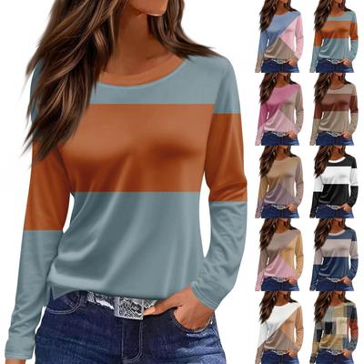 Women's Fashion Split Striped Printed Round Neck Long Sleeve Top