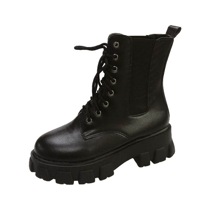 Real Soft Leather Martin Boots for Women British Style Korean Autumn and Winter Platform Boots for Women with Velvet Mid-calf Boots