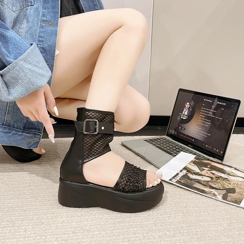 Women's Sandals Mesh Upper Platform Sole Zipper Rhinestones Womens Shoes Dress Heel Wrap Personality Roman Sandalias De Mujer