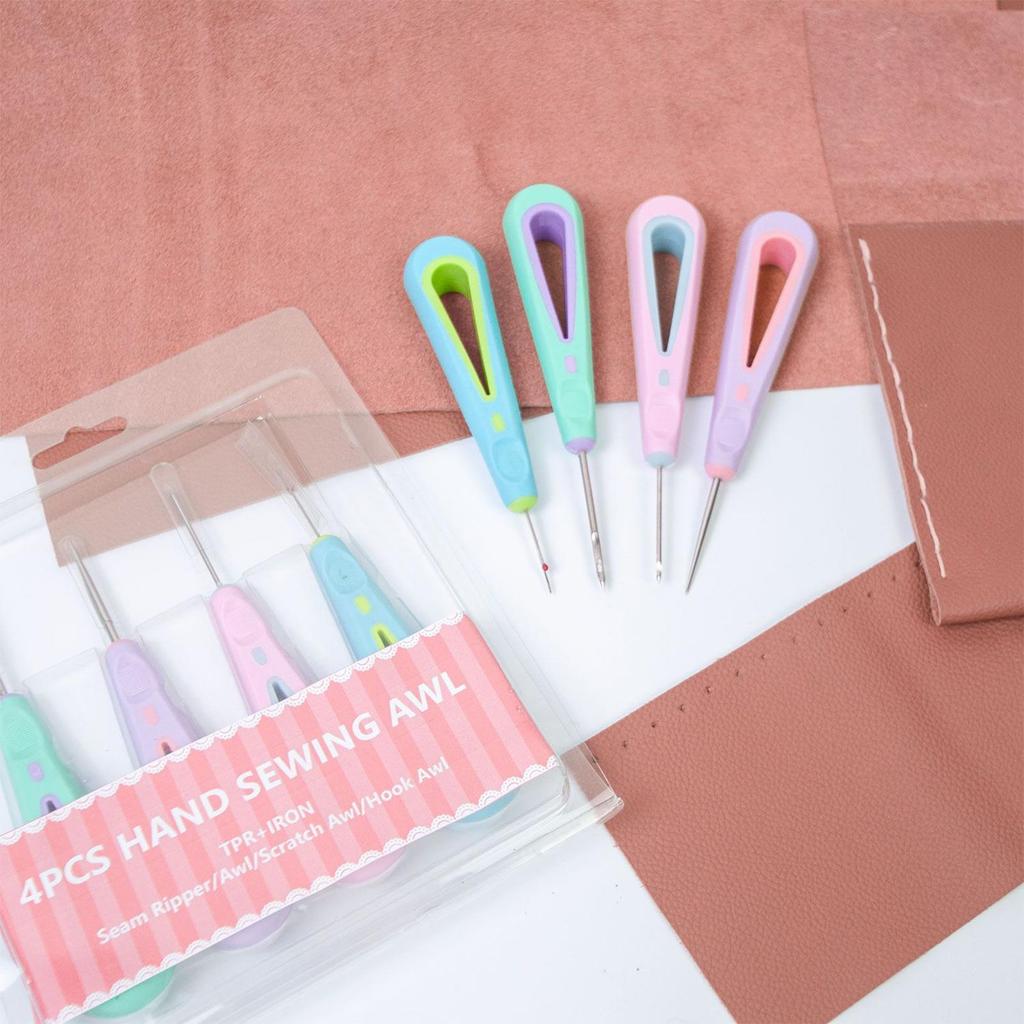 Sewing Awl Kit 4 Pieces Sewing Ripper Tool Leather Working Awl for Threading Handcrafting Embroidery Quilting Knitting Weaving