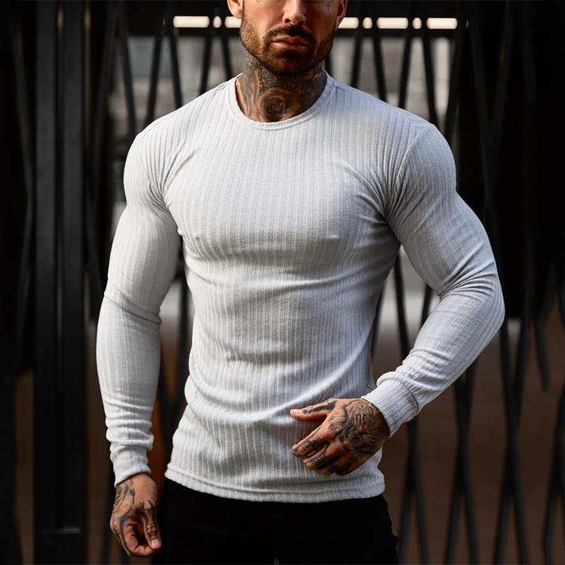 Muscleguys Autumn Running T-shirts Mens Classic Ribbed Knit Jumper Sports Long Sleeved Slim Fit Round Neck Casual Gym Fitness T Shirt
