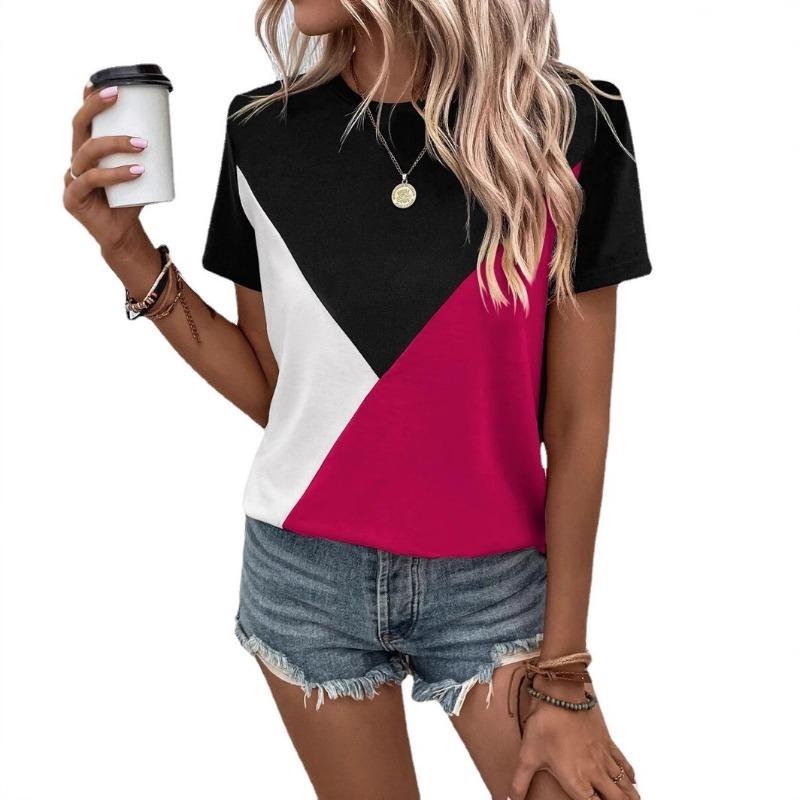 

2025 Women s Summer New Match Color Splicing Round Neck T-shirt Loose Casual Women s Top XL