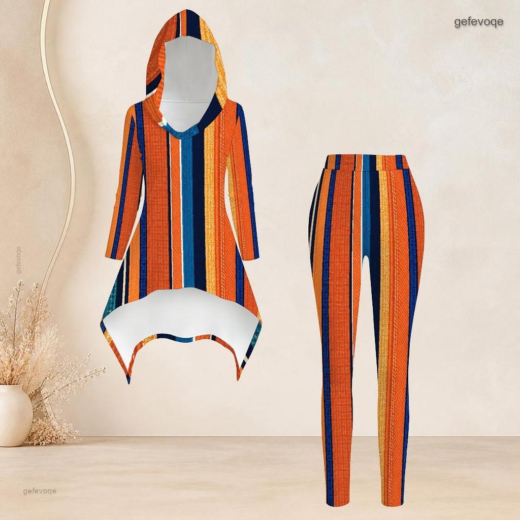 Women Plus Size Printed Hooded Long Sleeve High Low Top And Fitted Pants Two Piece Set