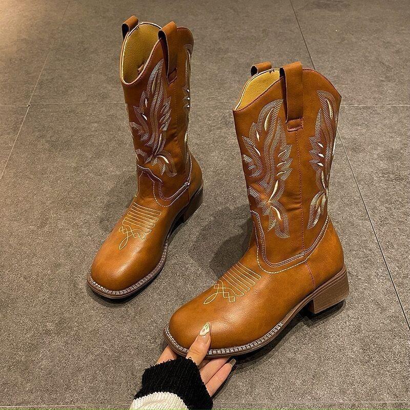 New Autumn Women's Long Tube Boots Retro Embroidered Fashion Cowboy Boot Mid-Calf Square Toe V-Mouth Knight Boot Botas Mujer cm marrone
