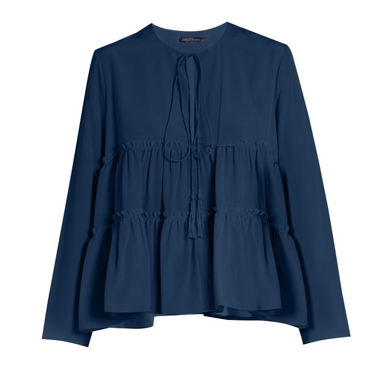 

ZANZEA Женская повседневная свободная блузка с длинным рукавом и круглым вырезом S темно-синий