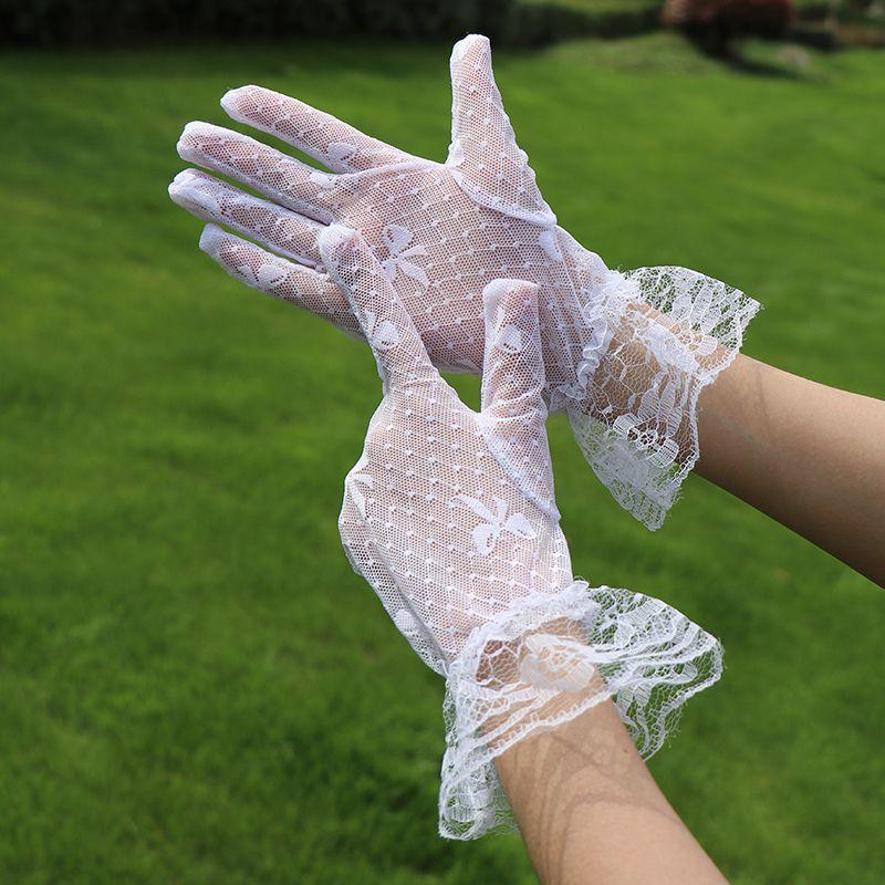 Fishnet Wedding Short Driving Lace Wrist Bow Full Finger Lace Gloves Tulle Mittens Mesh Gloves Bridal Gloves Lolita Cosplay One Size