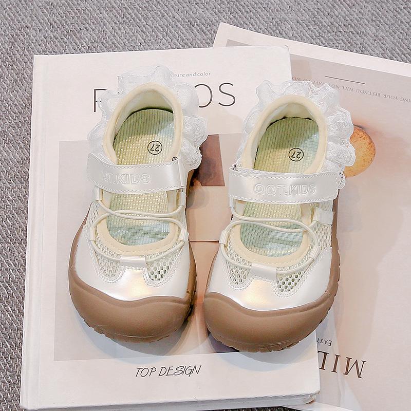 Girls Princess Shoes Lace Sweet Kids Casual Shoes Hook&loop Toes Capped 2025 New Children Flat Shoes Mesh Breathable Soft Sole