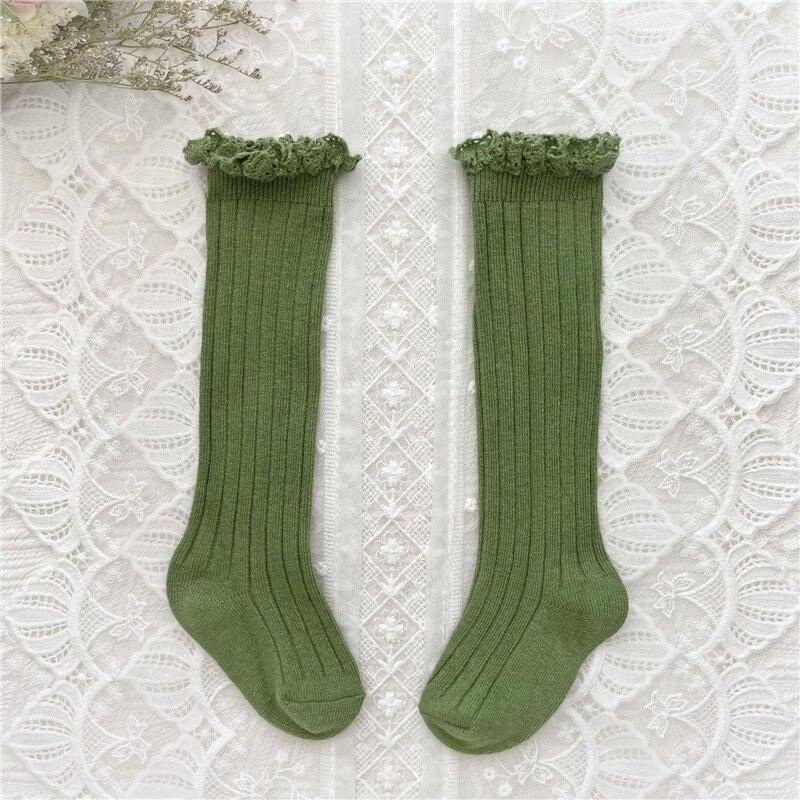 

Girls Knee High Socks Baby Kids Toddlers Ruffle Long Soft Cotton Sock Lace Flower Children School Socks 3-5Years(L) зелений