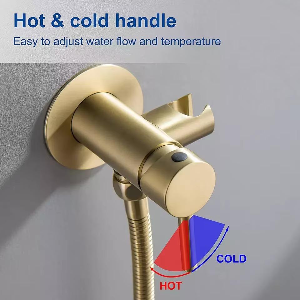 Brushed Gold Hot and Cold Bidet Sprayer Attachment Kit Pressure Adjustable T-valve Brass Hand Held Bidets Shattaf