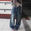 Personalized Street American Retro High-waist Washed Jeans Autumn Trend Rivet Design Wide-leg Trousers Trend