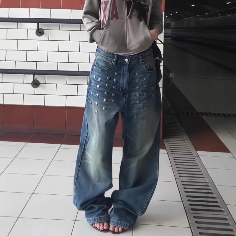 Personalized Street American Retro High-waist Washed Jeans Autumn Trend Rivet Design Wide-leg Trousers Trend