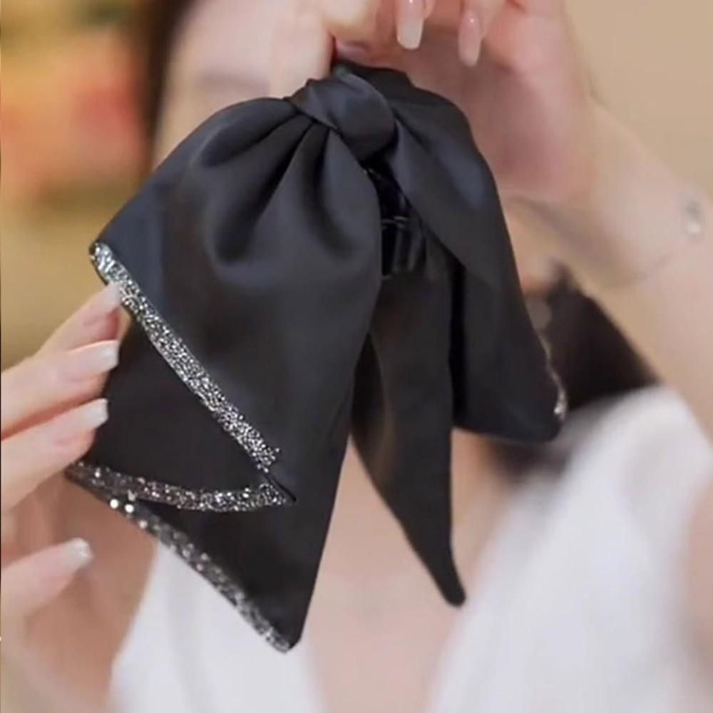 French Style Black Bow Shark Clip Elegant Women Sequin Hairgrips Shiny Rhinestone Hair Claw  Daily
