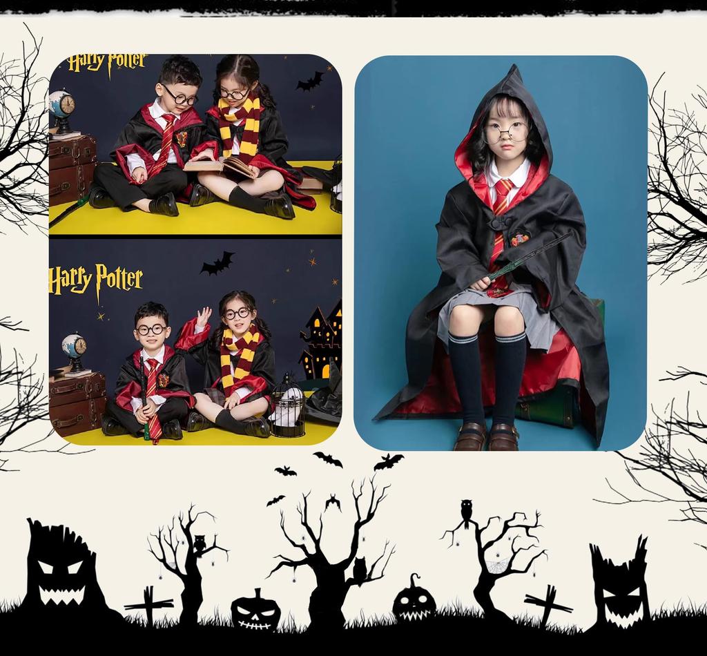 Harry Potter Cosplay for Dorm Halloween Kids Magic Full Kids School Unisex [LAMONKE] Kids, Clothes, Costume, Costume, Robe, Scarf, Glasses, Tie, Wand,