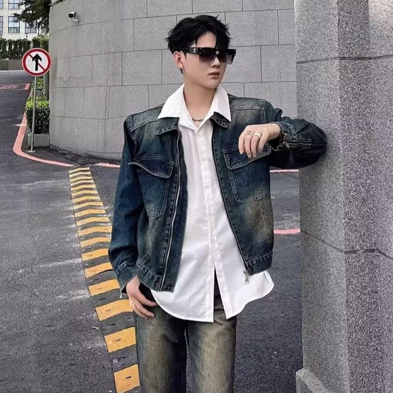 Men's Distressed Retro Slim-fit Denim Jacket - Casual Zipper Outerwear for Spring & Autumn.