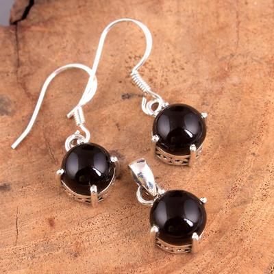 Schwarzer Onyx-Silber-Anhänger-Ohrring-Set aus massivem 925er-Sterlingsilber, handgefertigter feiner Schmuck