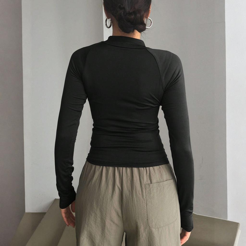 Women's Fashion Casual Sports Style Long-Sleeved Solid Color Half-Open Collar Short T-Shirt Tops