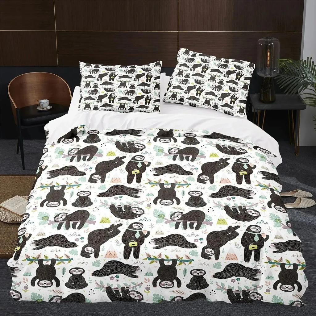 Cartoon Sloth Duvet Cover King Queen Funny Animal Bedding Set for Cool Wildlife Polyester Quilt Cover Boys Birthday