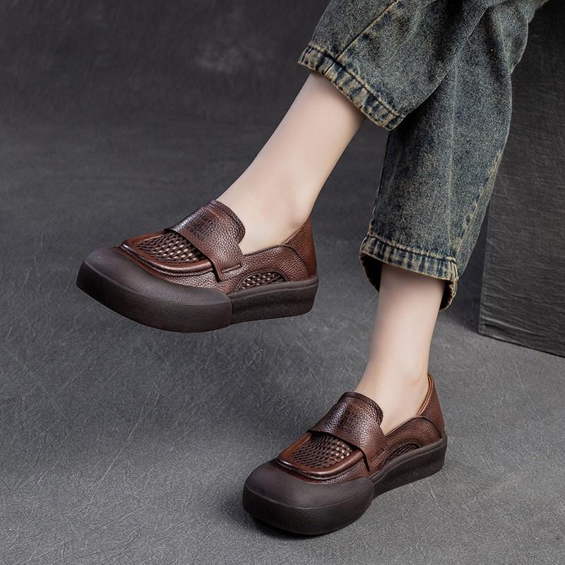 Johnature Versatile Breathable Mesh Flat Shoes Retro Genuine Leather Comfortable Sandals Women's Slip-on Shoes