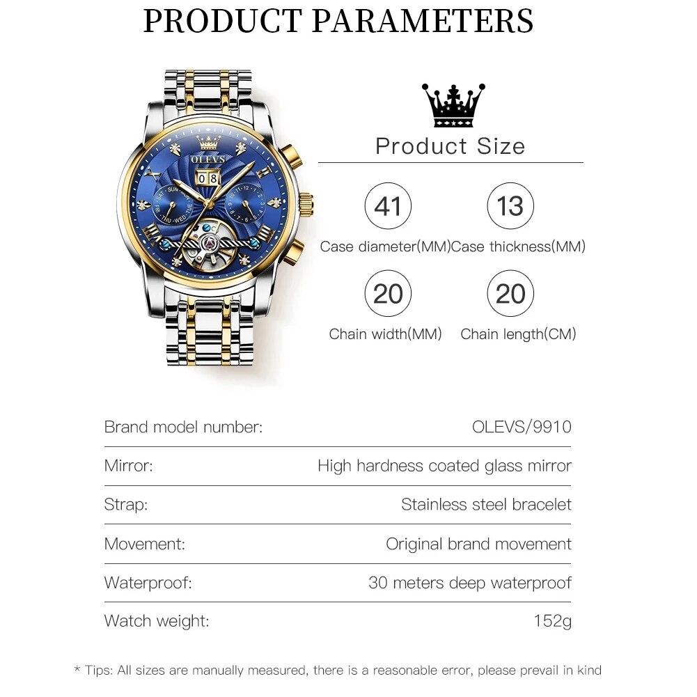 OLEVS 9910 Tourbillon Automatic Watch for Men Luxury Skeleton Men's Mechanical Wristwatch Stainless Steel Top Original Man Watch