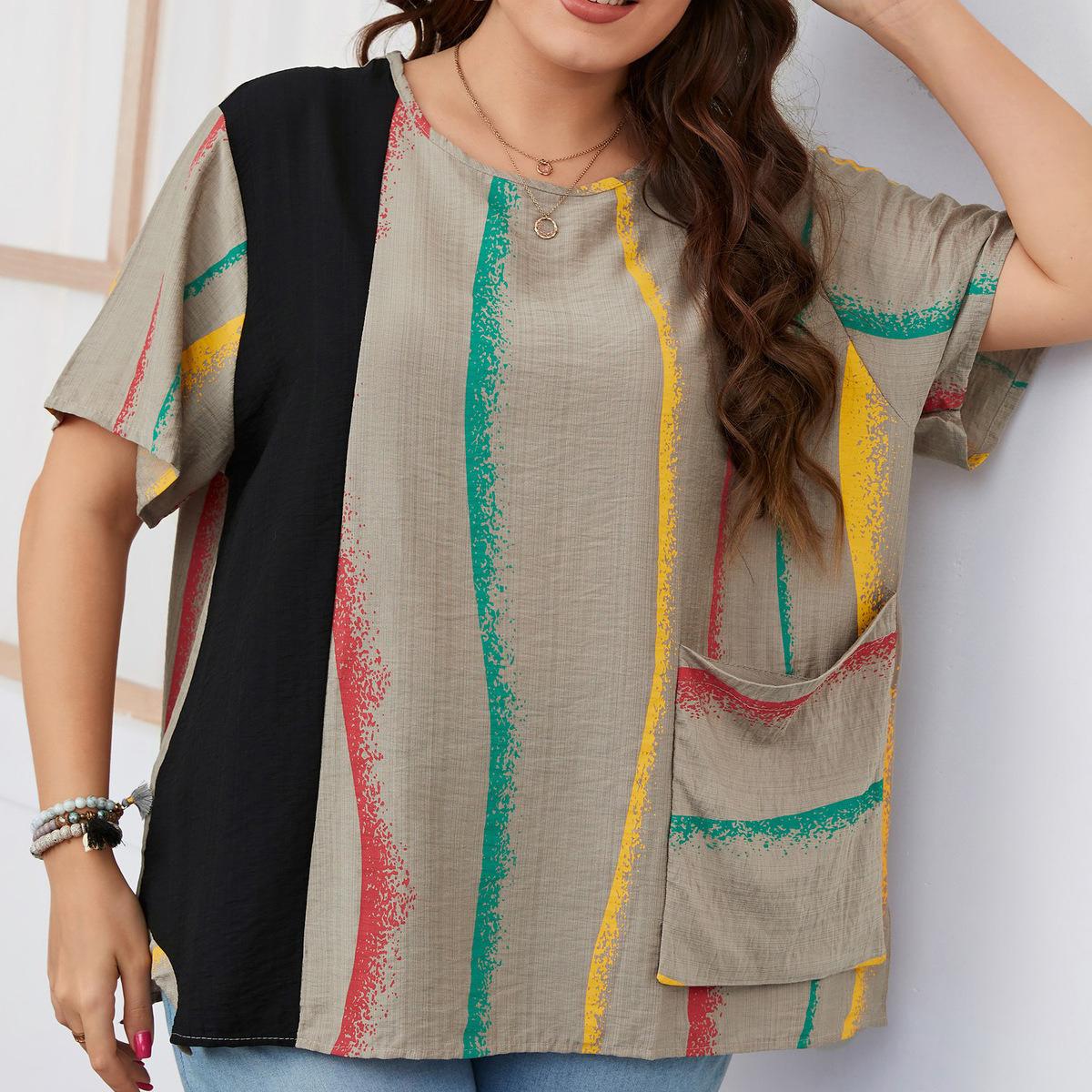 Женская летняя модная рубашка в полоску с принтом в стиле пэчворк и карманами — фото 5