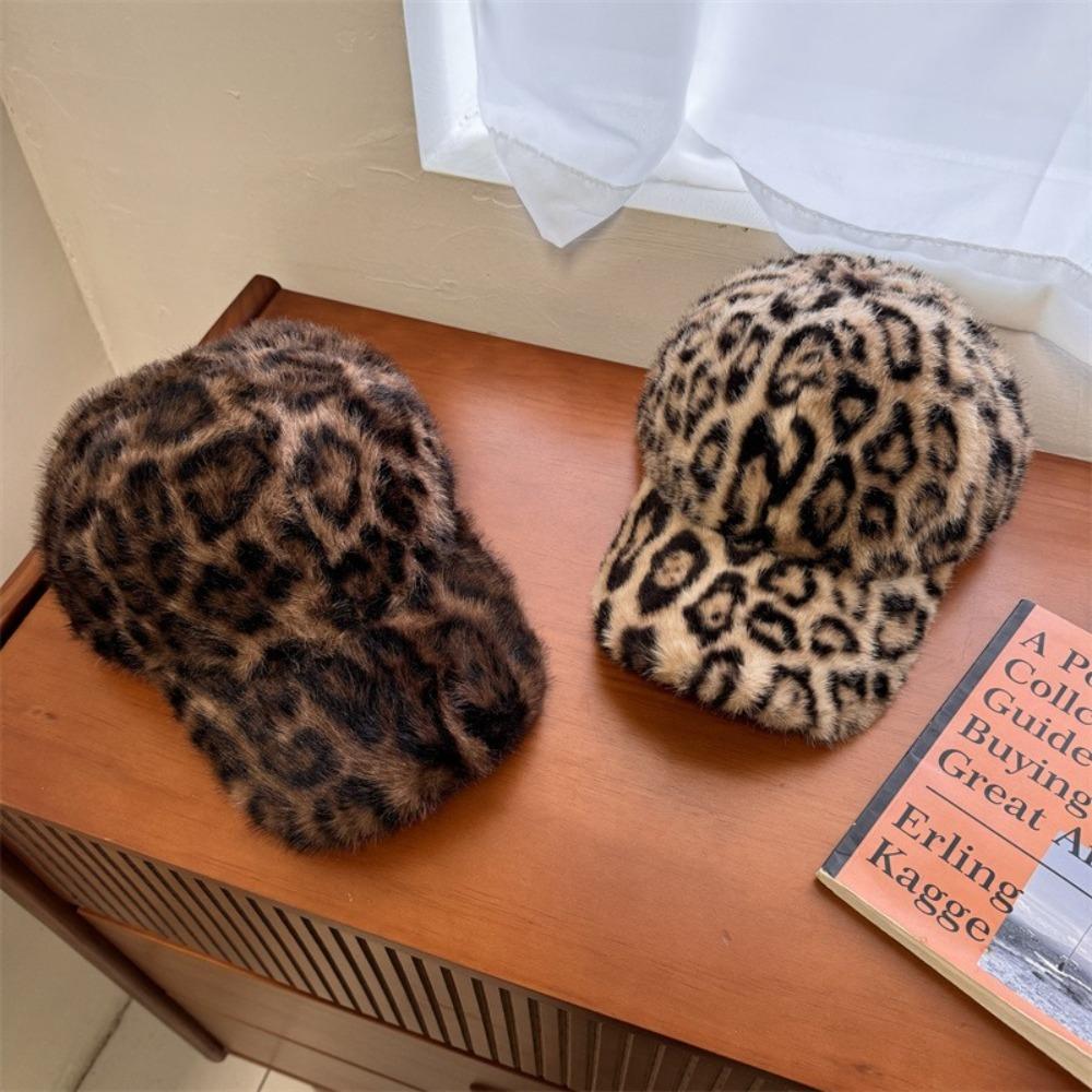 Leopard Print Plush Hat Adjustable Duckbill Cap Warm Baseball Cap  Autumn Winter
