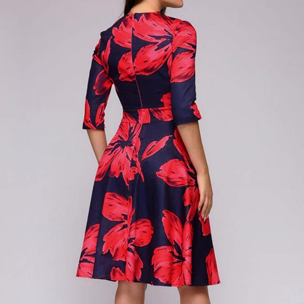 Women 3/4 Sleeve Dress Ladies Casual Party Holiday Elegant A-Line Vintage Floral Printed Dress