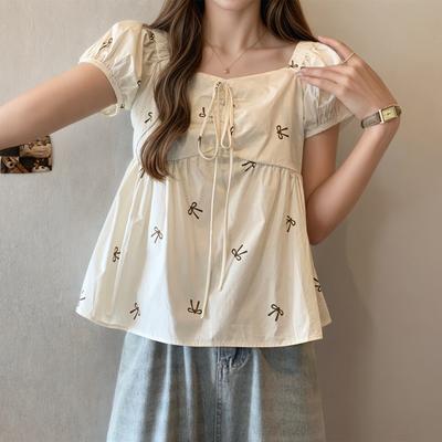 Top casual de verano para mujer con estampado de lazo, cordones, adelgazante, manga corta abullonada, camisa de manga corta