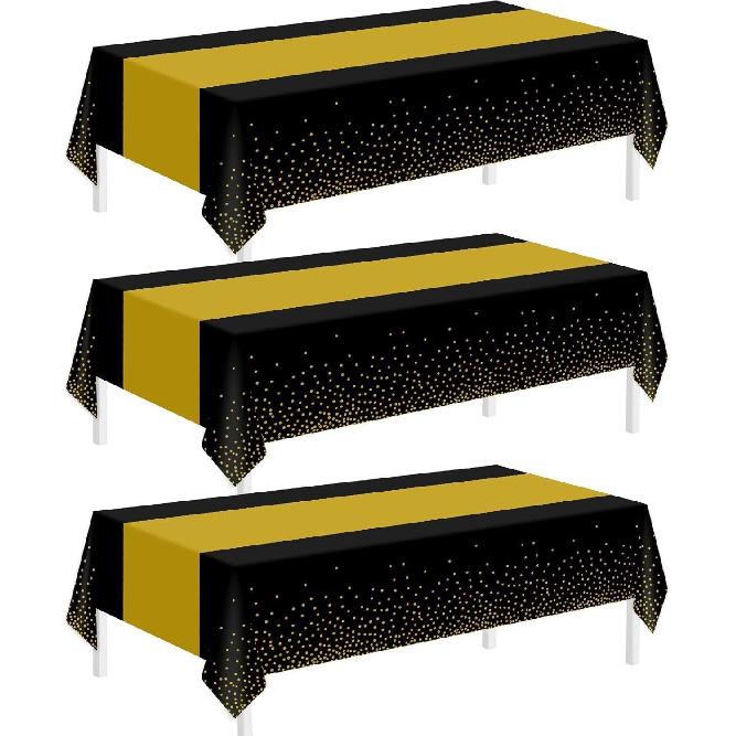 Childom 3 Pack Black and Gold Tablecloths for Events,54"x108" Plastic Table Cloths for Rectangle Tables,Disposable Party Table Covers for New Years