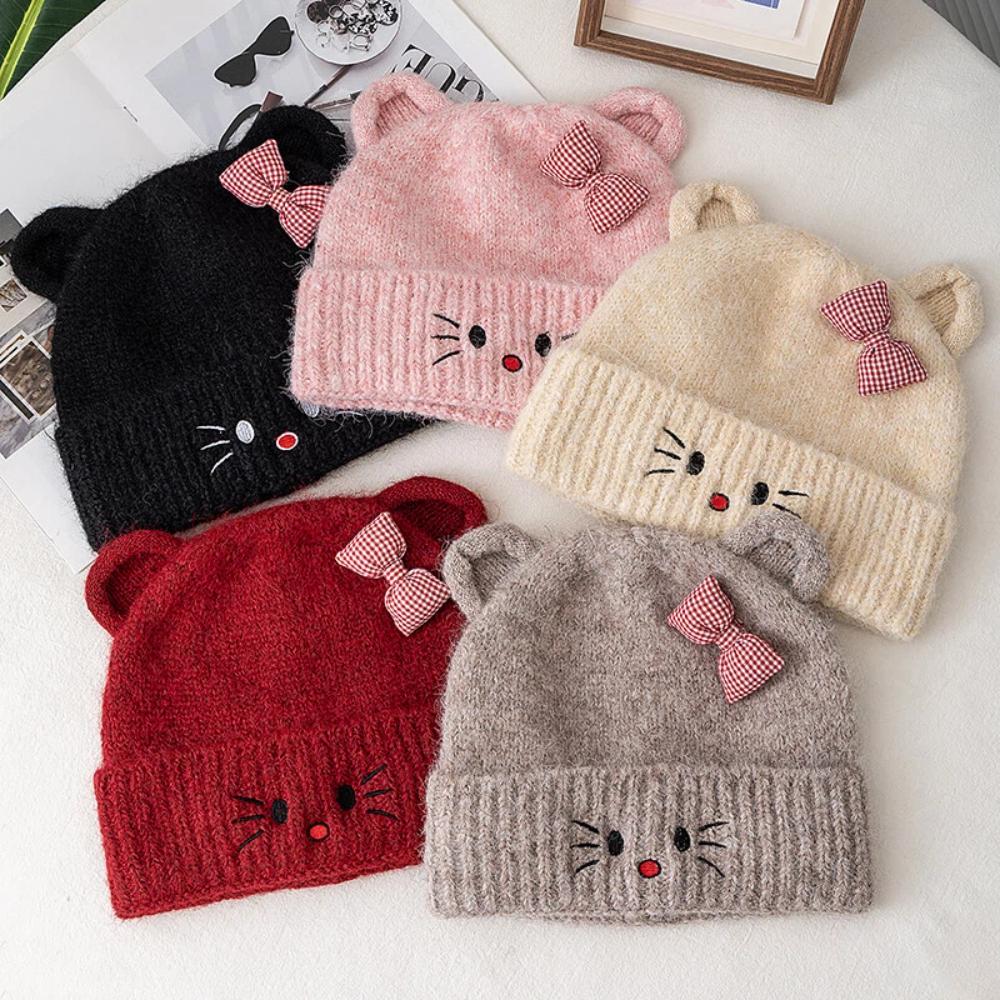 Hot Sale Women Loose Soft Beanie Hat Lovely Cute Cat Ear Bow Design Winter Knitted Hats For Female Streetwear Winter Hat