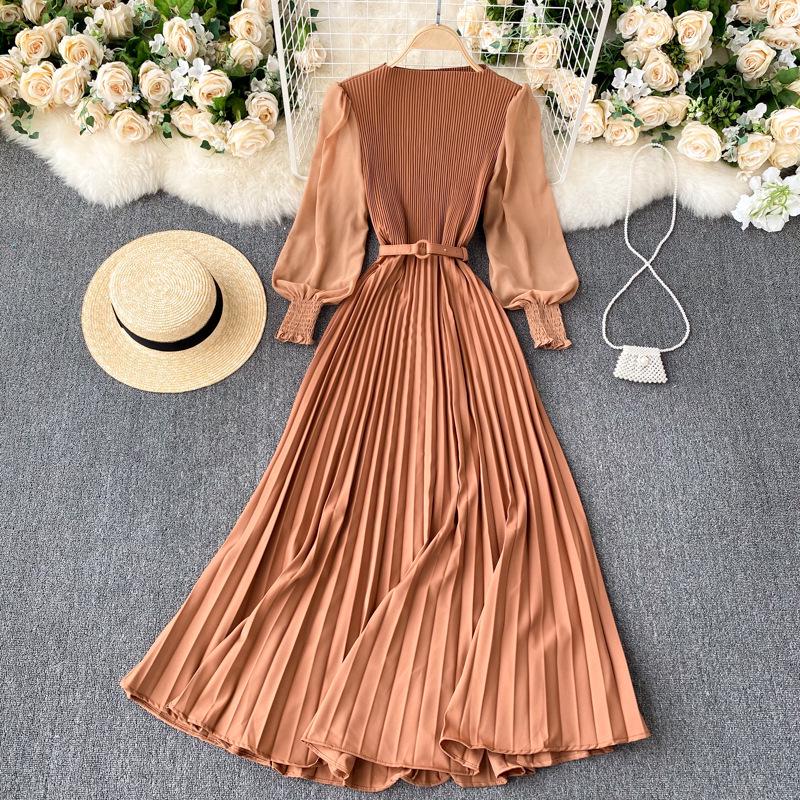 Vestido plisado francés de primavera para adelgazar - Elegante falda larga que ciñe la cintura