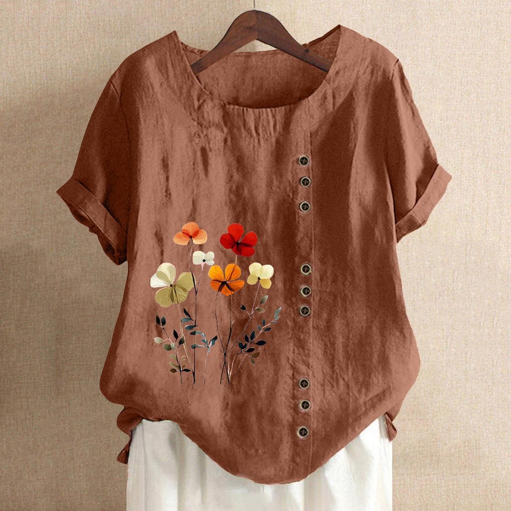 Women's Fashion Casual Round Neck Short Sleeve Cotton And Linen Printed T-shirt Top