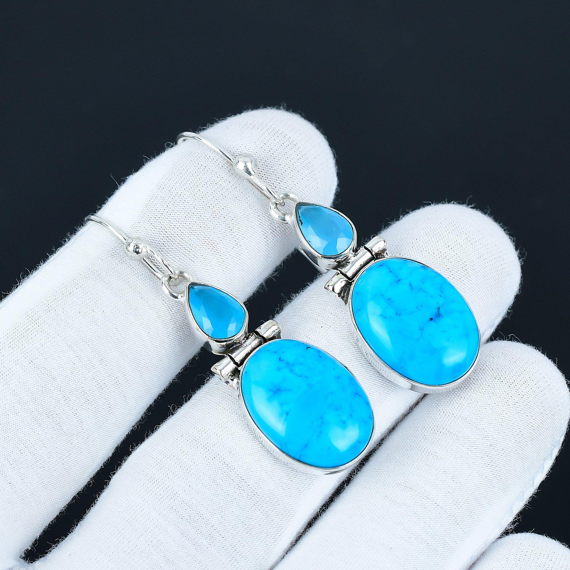 

Серьги из драгоценных камней голубой бирюзы и голубого халцедона, серьги из стерлингового серебра 925 пробы, бохо-украшения, серьги-подвески для подарков на день рождения 5.5 Cm синий