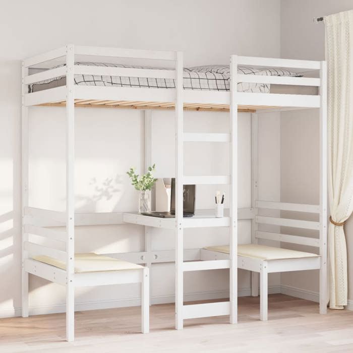 VidaXL Mezzanine Bed with Desk and Chairs White 90x190 Cm Solid Pine, Mezzanine Bed Frame, Cabin Bed Frame, 3308560