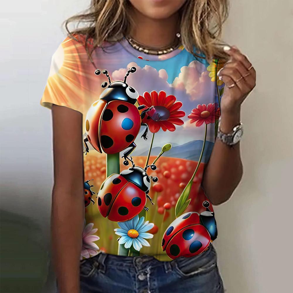 Cute animal T-shirt worm 3D printed summer women s round neck short sleeved T-shirt XS