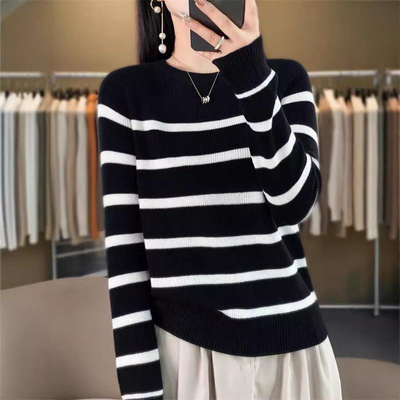 Striped Crew Neck Wool Sweater Design Sense Retro and Thin Sweater Top with Knitted Sweater Inside and Knitted Sweater Outside