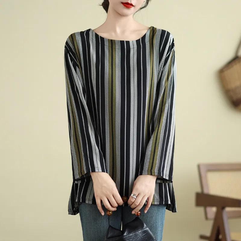 Spring and Autumn New Style Printed Silk Long-sleeved T-shirt Thin Bottoming Shirt Loose Large Size Women's Round Neck