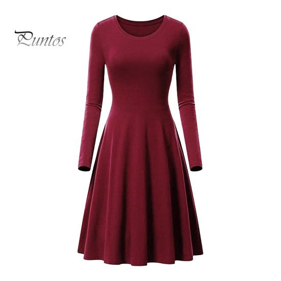 

Весеннее женское платье с круглым вырезом, А-силуэтом, большим подолом, длинным рукавом, платье миди, однотонное свободное платье для повседневной жизни, свиданий, вечеринок S вино красного