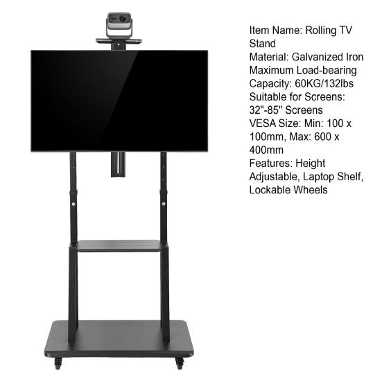 Rolling TV Cart with Wheels Stand on for 32-85 inch Screens Up to 132lbs Heavy-Duty Mobile Shelf & Locking Wheels Height Adjustable Floor