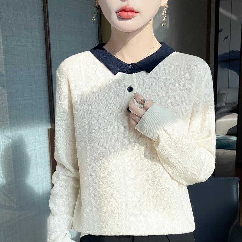 POLO Collar Knitted Sweater Long-sleeved Women's Color-blocked Jacquard Pullover Base Layer Top Early Autumn New Style